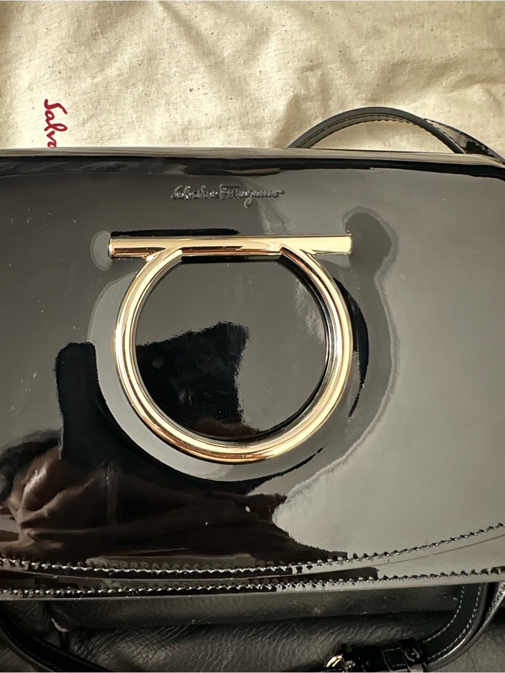 Salvatore Ferragamo Black Patent Vara Gancini Crossbody Bag - Picture 9 of 13